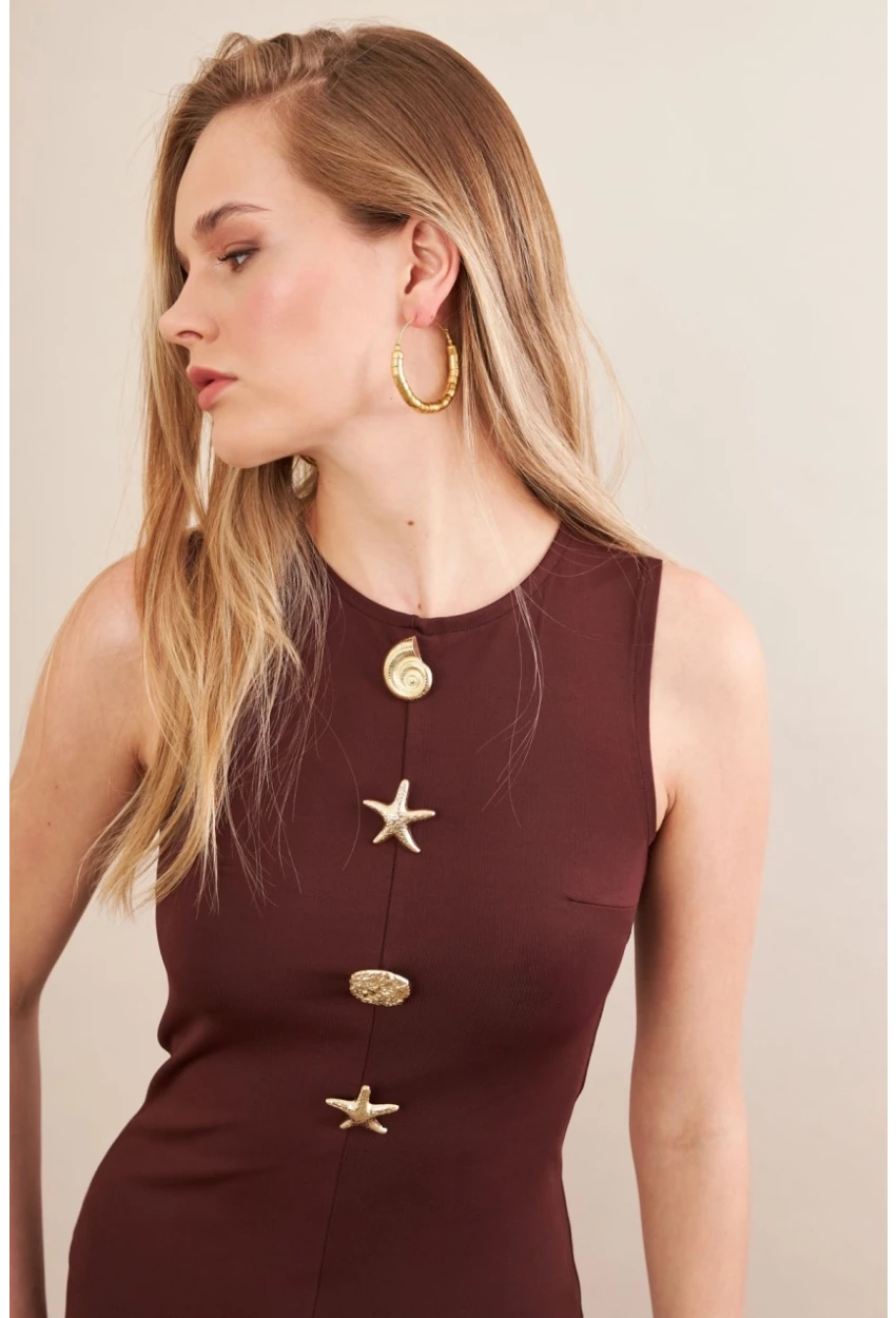 Kadın Kahverengi Düğme Detaylı Mini Elbise MOD201