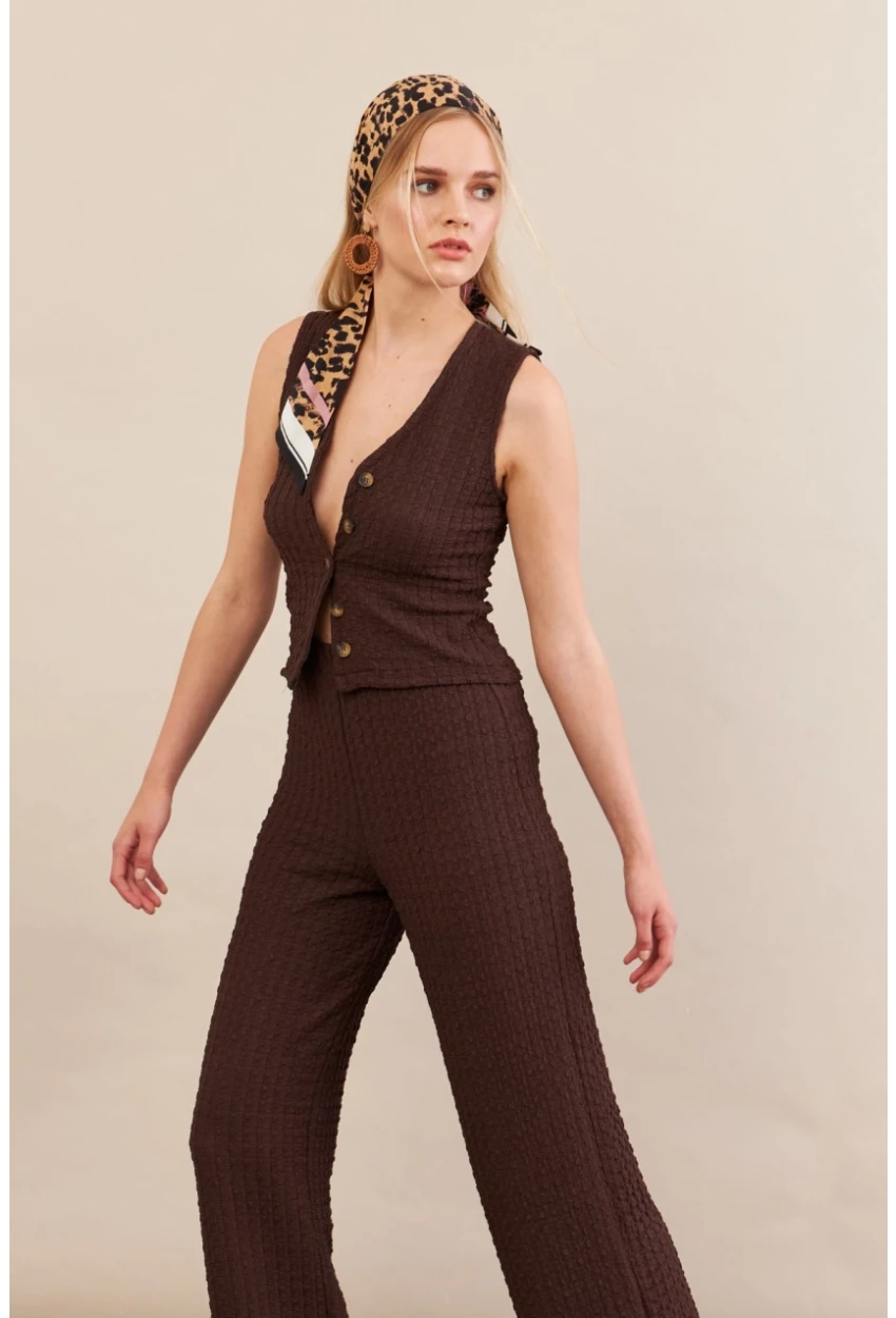 Kadın Kahverengi Gofre Yelek Pantalon Takım FLU330