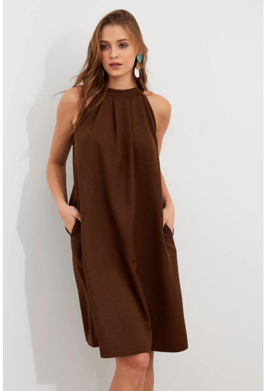 Kadın Kahverengi Halter Yaka Midi Elbise NH5029