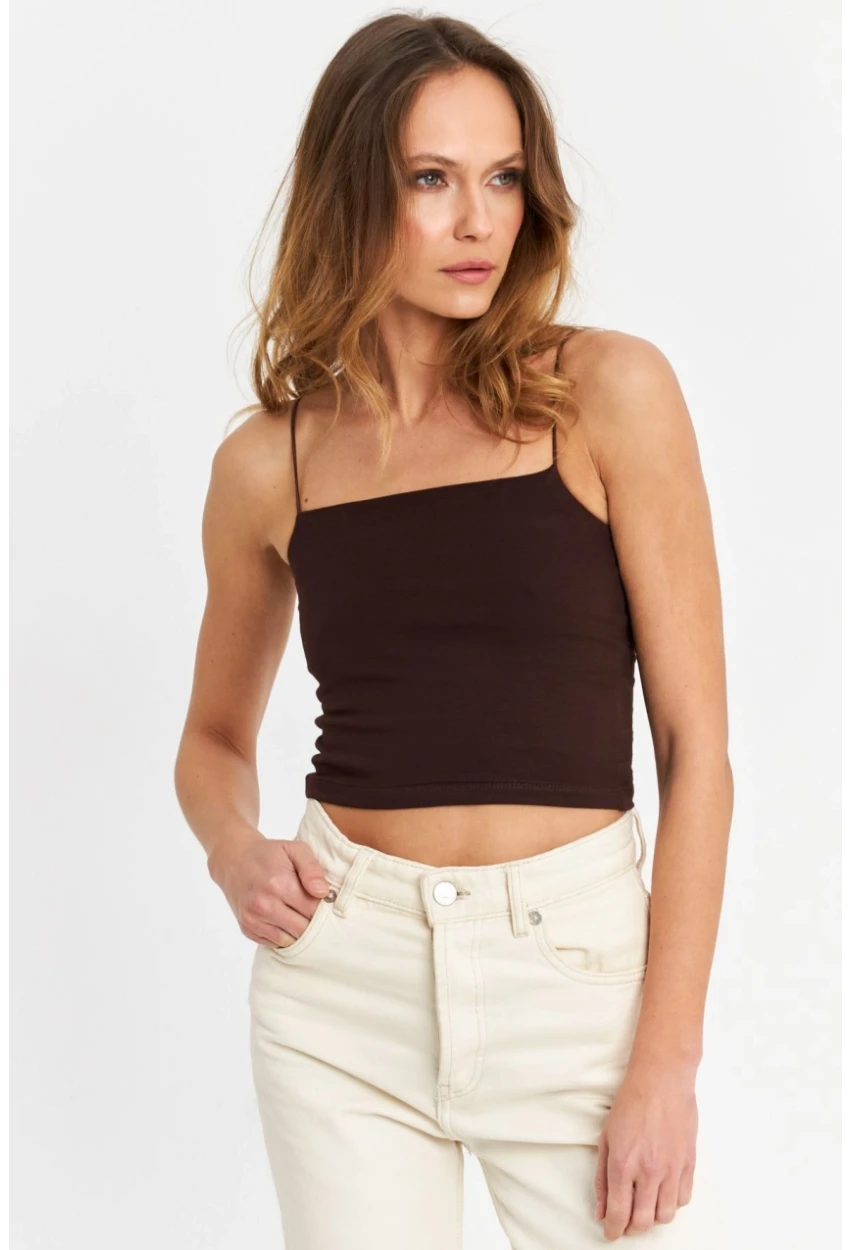 Kadın Kahverengi İp Askılı Crop Bluz EV63