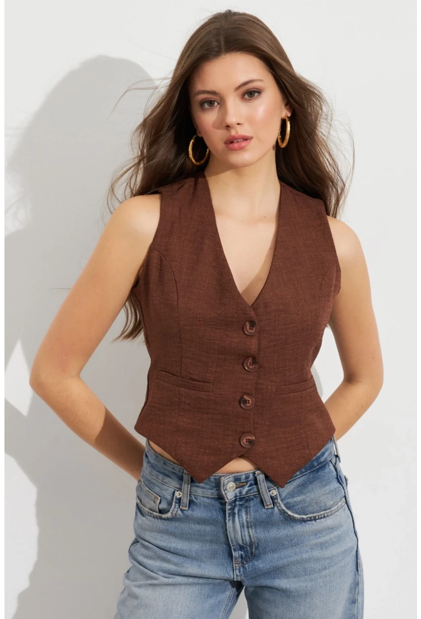Kadın Kahverengi Keten Astarlı Yelek TW60046