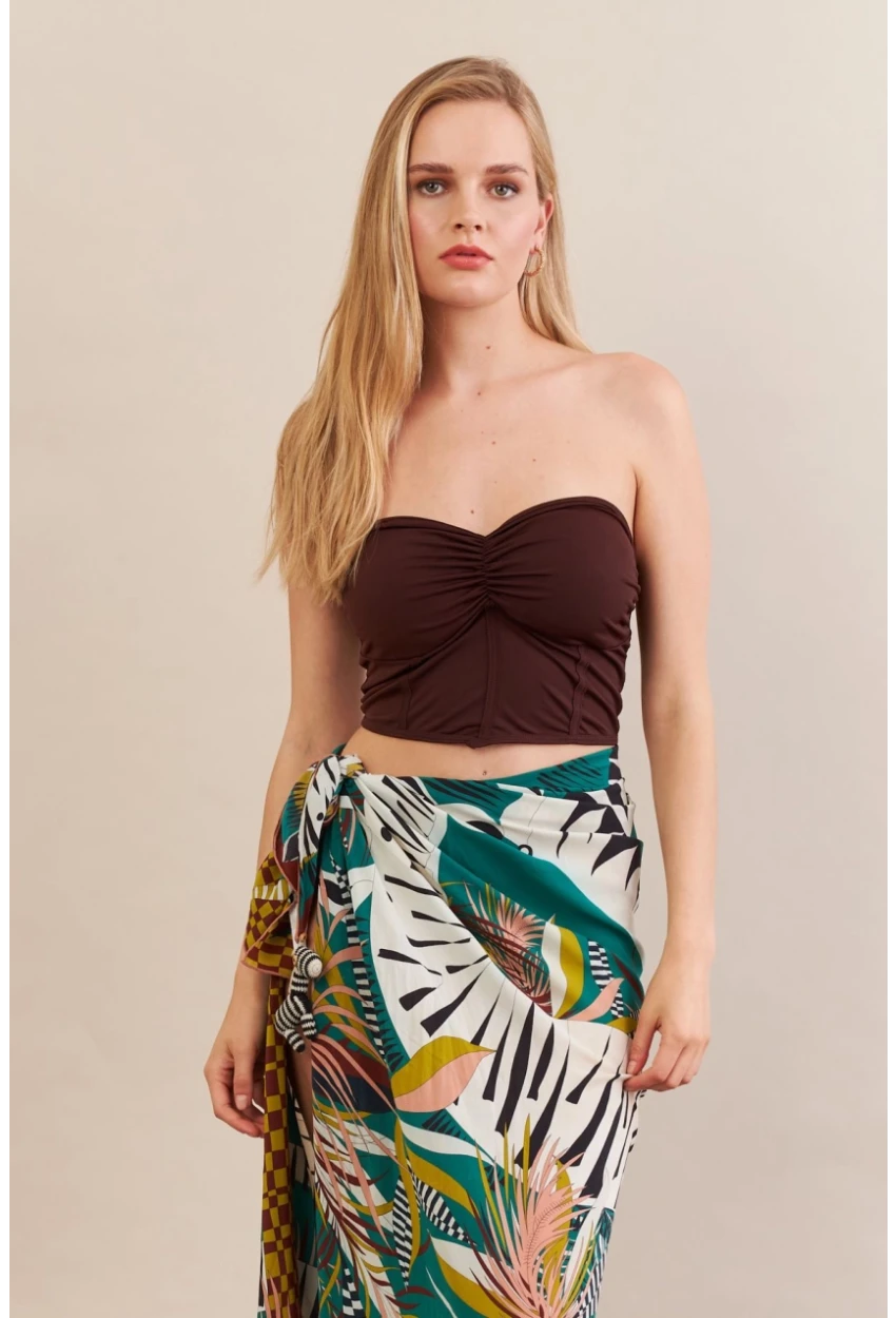 Kadın Kahverengi Korse Dikişli Crop Bluz AN6025