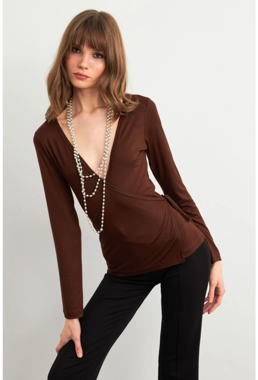 Kadın Kahverengi Kruvaze Bağlamalı Bluz EY3036