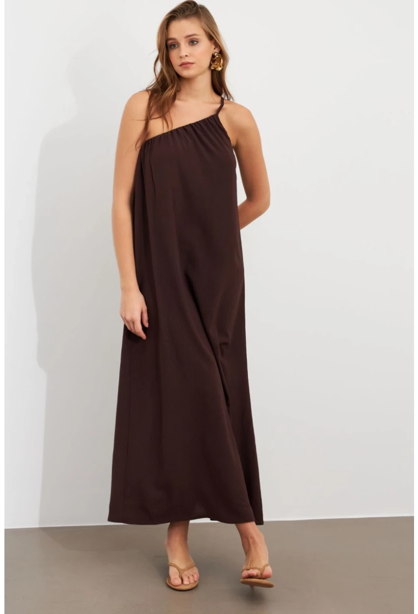 Kadın Kahverengi Tek Omuz Maxi Elbise İRE1012