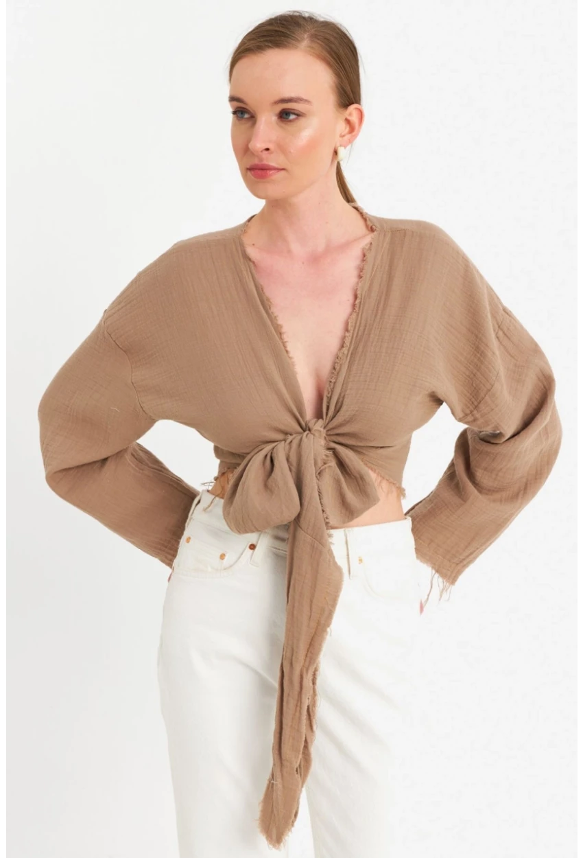Kadın Kahverengi Müslin Crop Bluz PC20700