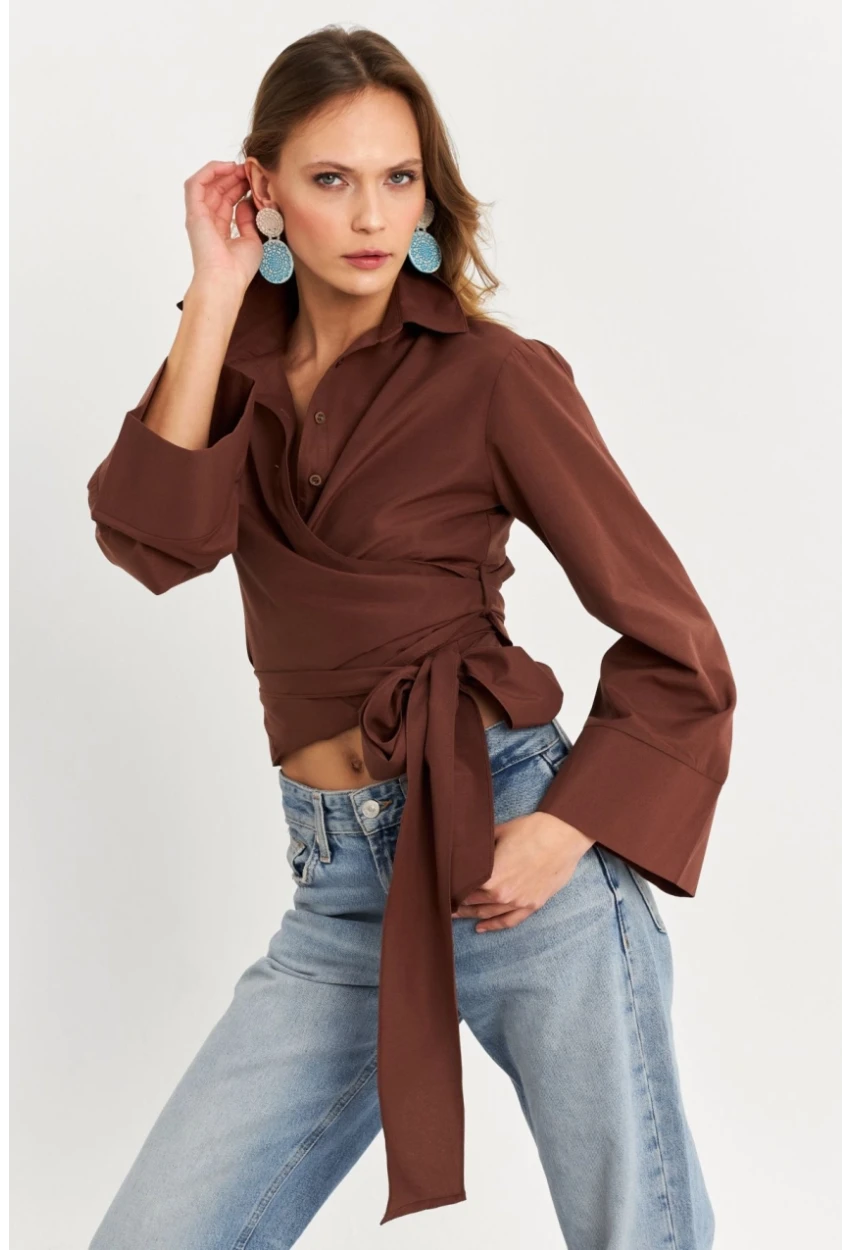 Kadın Kahverengi Önü Bağlamalı İspanyol Kol Gömlek MON142