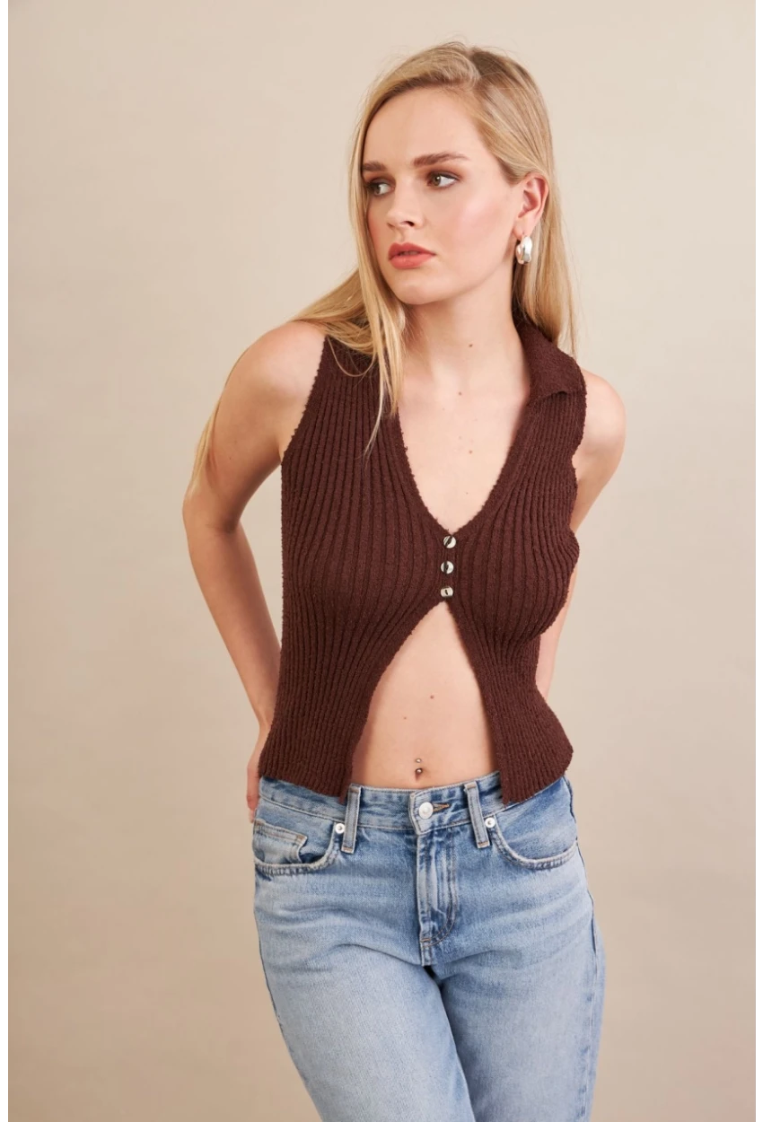 Kadın Kahverengi Polo Yaka Yumoş Yelek ZH050