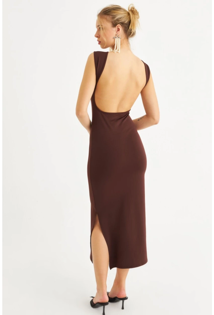 Kadın Kahverengi Sırtı Açık Midi Elbise YEL221672