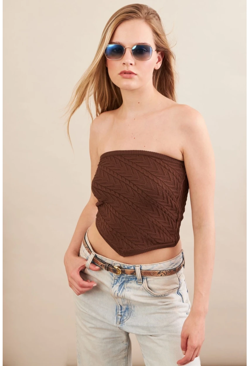 Kadın Kahverengi Straplez Triko Crop Bluz ZH049