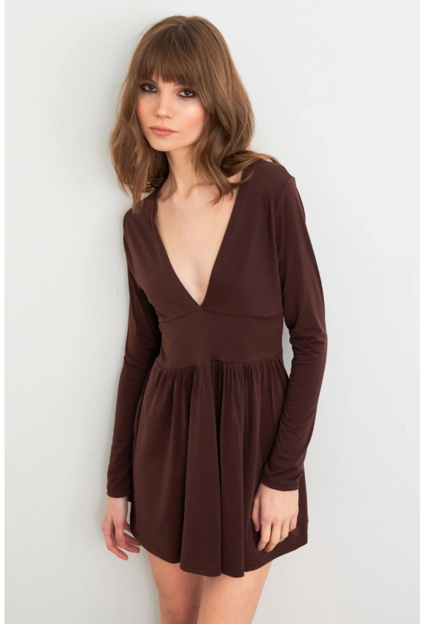Kadın Kahverengi V Yaka Mini Elbise LİK17