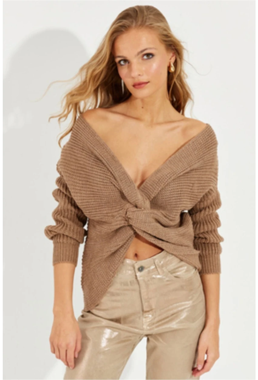 Kadın Kapuçino Düğümlü Triko Bluz MSS118