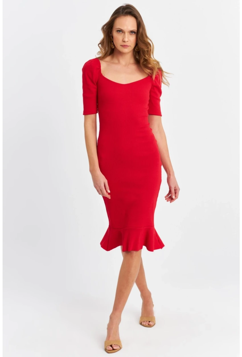 Kadın Kırmızı Balon Kol Eteği Volanlı Mevsimlik Midi Elbise Yİ2244