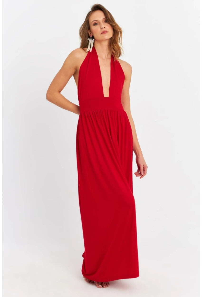 Kadın Kırmızı Boyun Bağlamalı Maxi Elbise EY3075