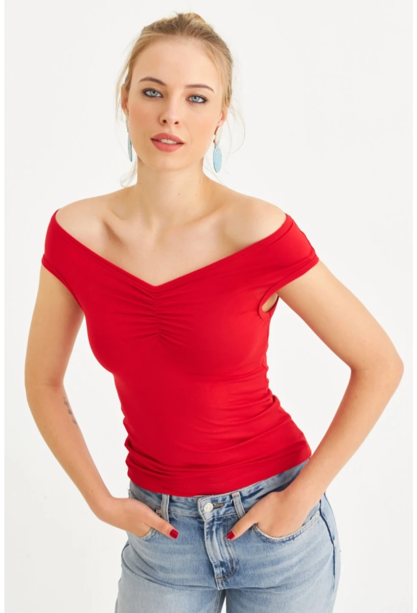 Kadın Kırmızı Büzgülü Bluz EY3083