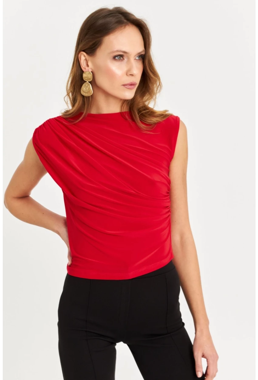 Kadın Kırmızı Büzgülü Kolsuz Bluz LPP1205-90