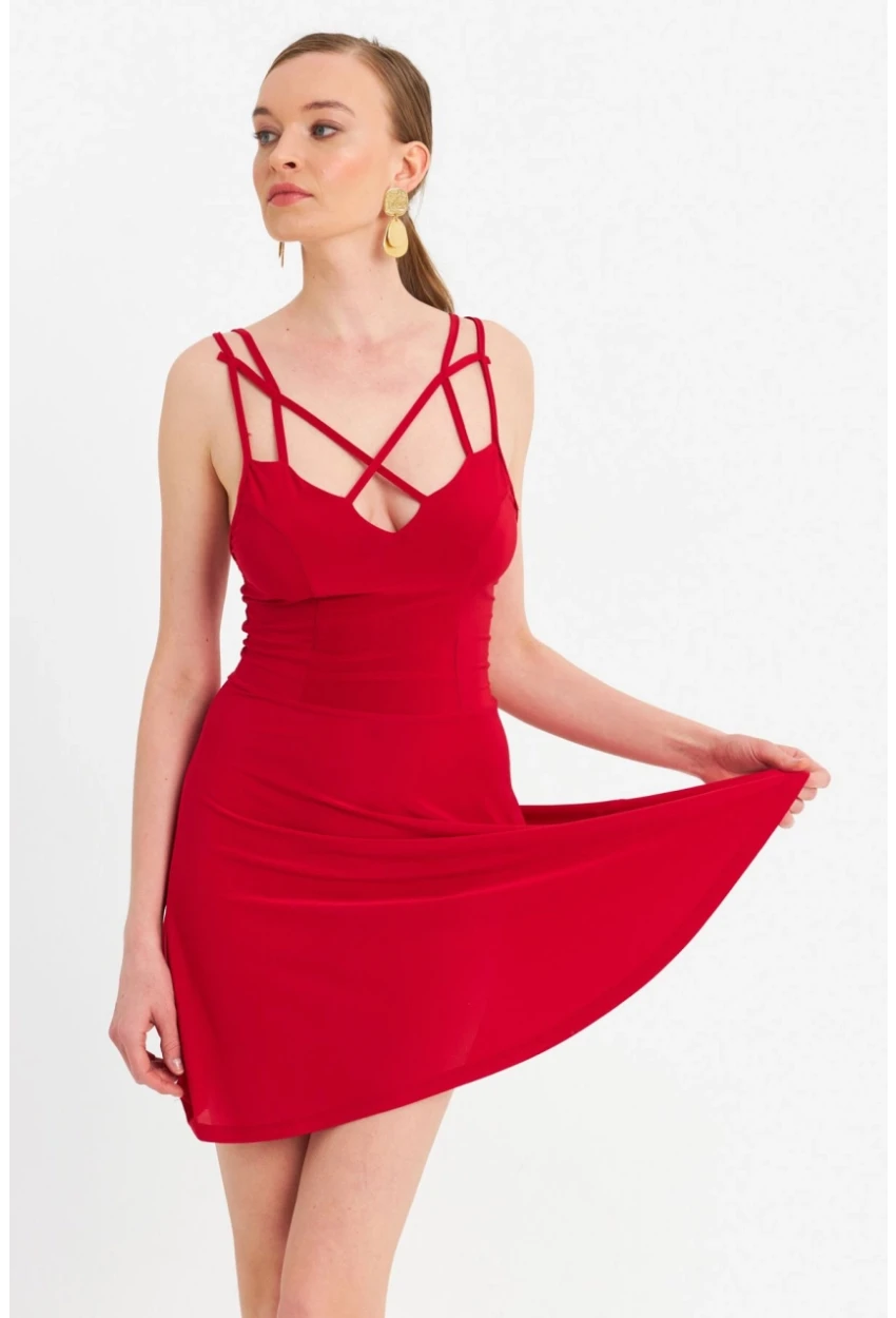 Kadın Kırmızı Çapraz Askılı Mini Elbise ELT182