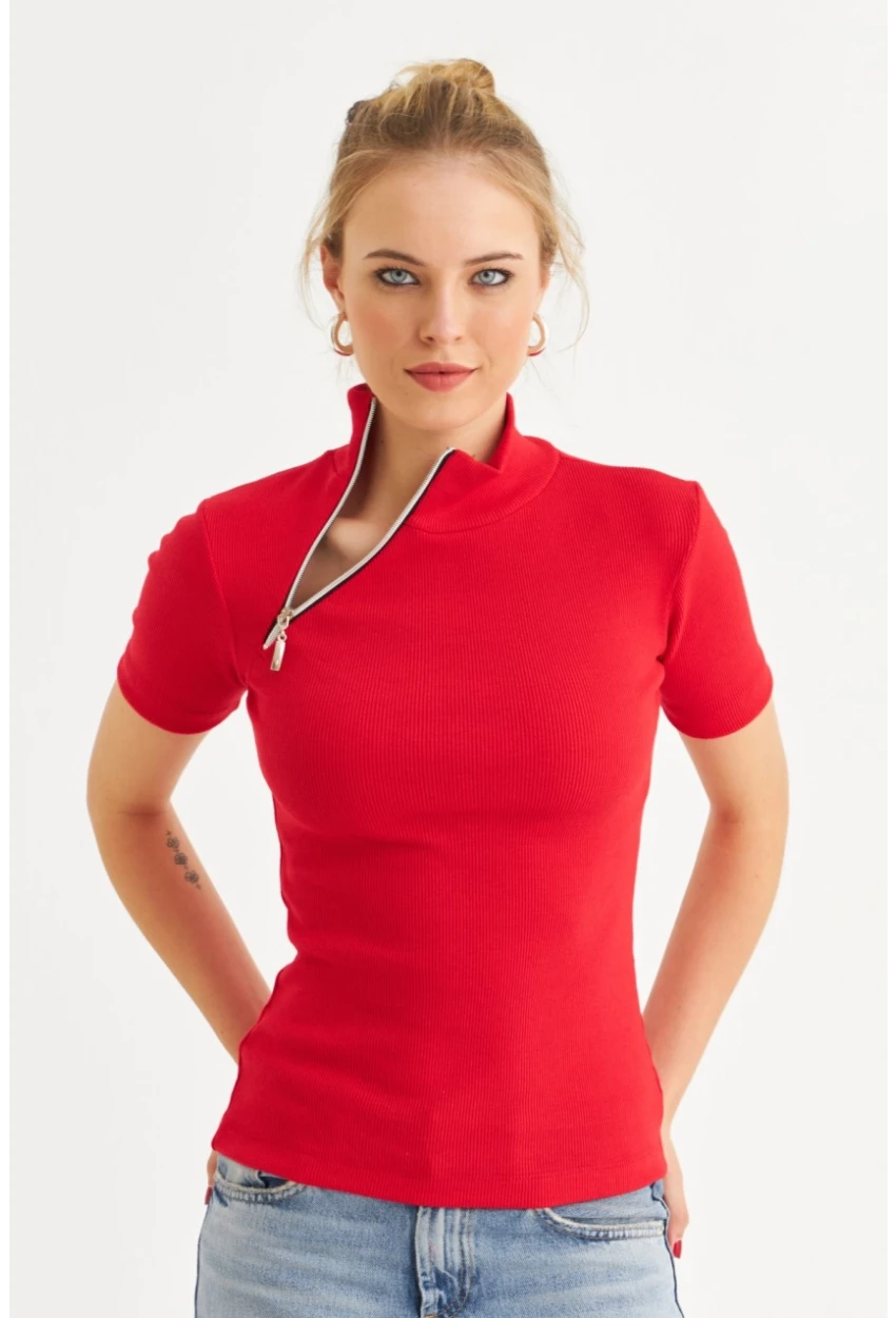 Kadın Kırmızı Çapraz Fermuarlı Kaşkorse Bluz EY3000