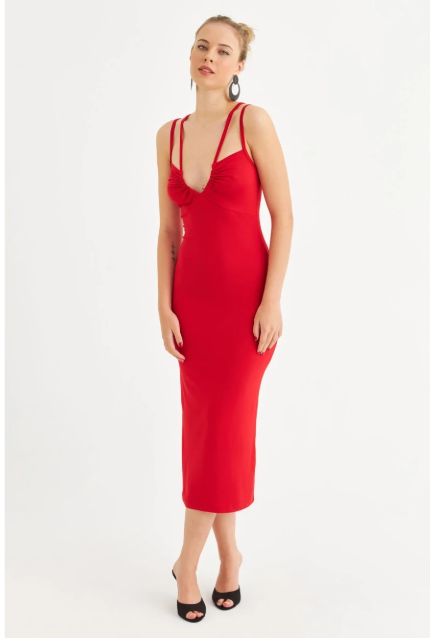 Kadın Kırmızı Çift Askılı V Yaka Midi Elbise EY3087