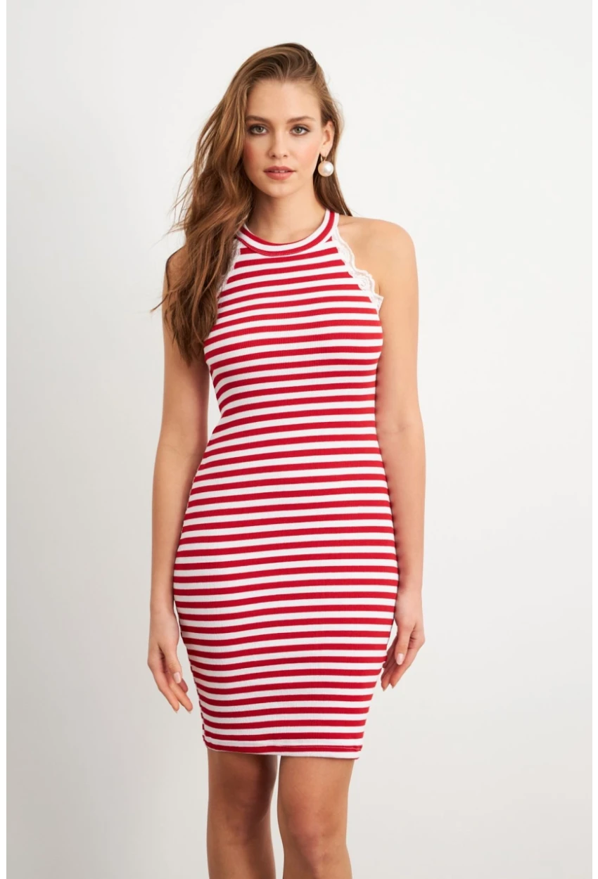 Kadın Kırmızı Dantel Detaylı Çizgili Midi Elbise MK36