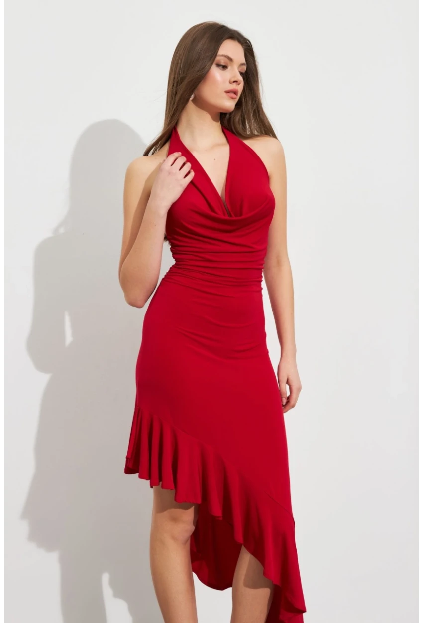 Kadın Kırmızı Degaje Asimetrik Midi Elbise İRE1436