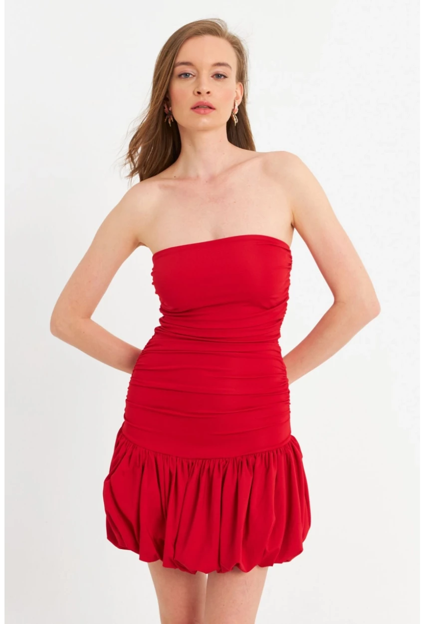 Kadın Kırmızı Drapeli Mini Elbise B6033