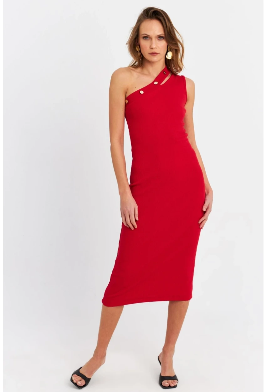 Kadın Kırmızı Düğme Aksesuarlı Kaşkorse Midi Elbise EY3081