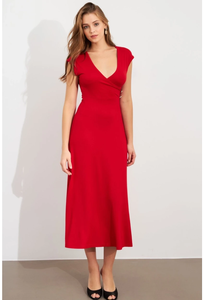 Kadın Kırmızı Düğme Detaylı Kruvaze Midi Elbise EY0011