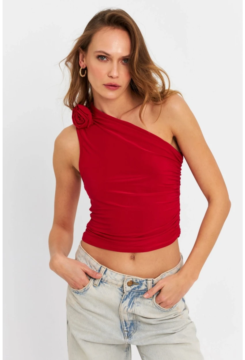 Kadın Kırmızı Gül Aksesuar Detaylı Crop Bluz ELT3925