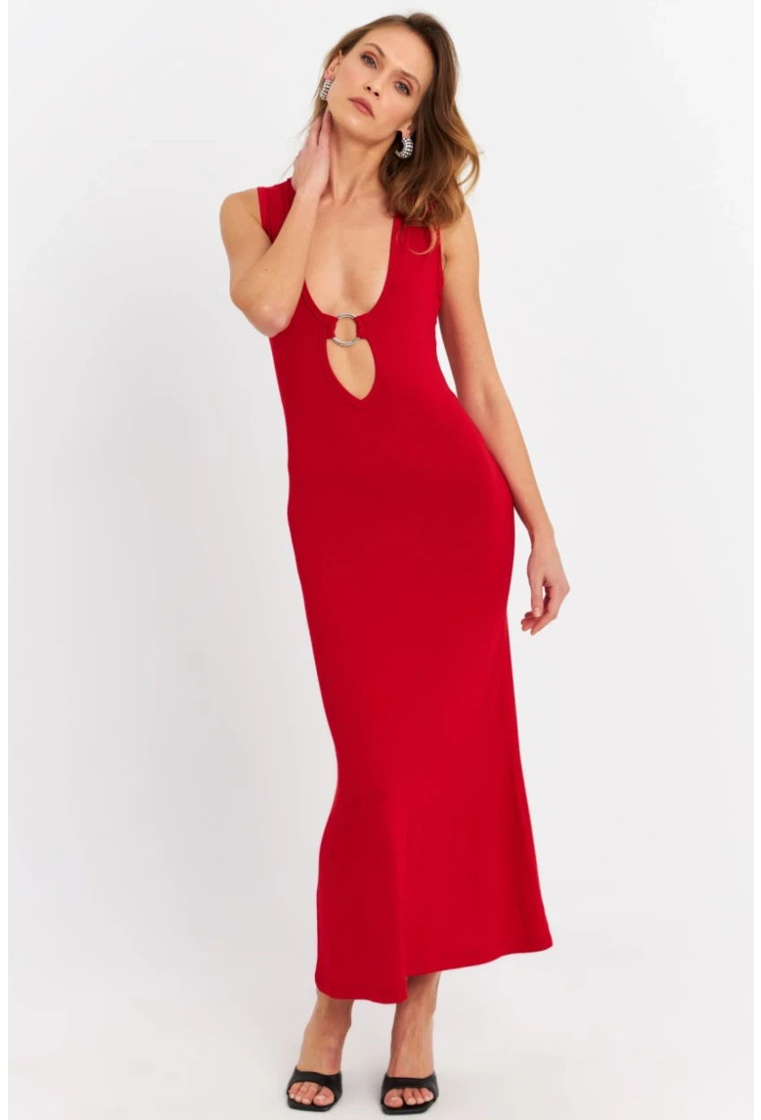 Kadın Kırmızı Halka Detaylı Pencereli Midi Elbise EY3078