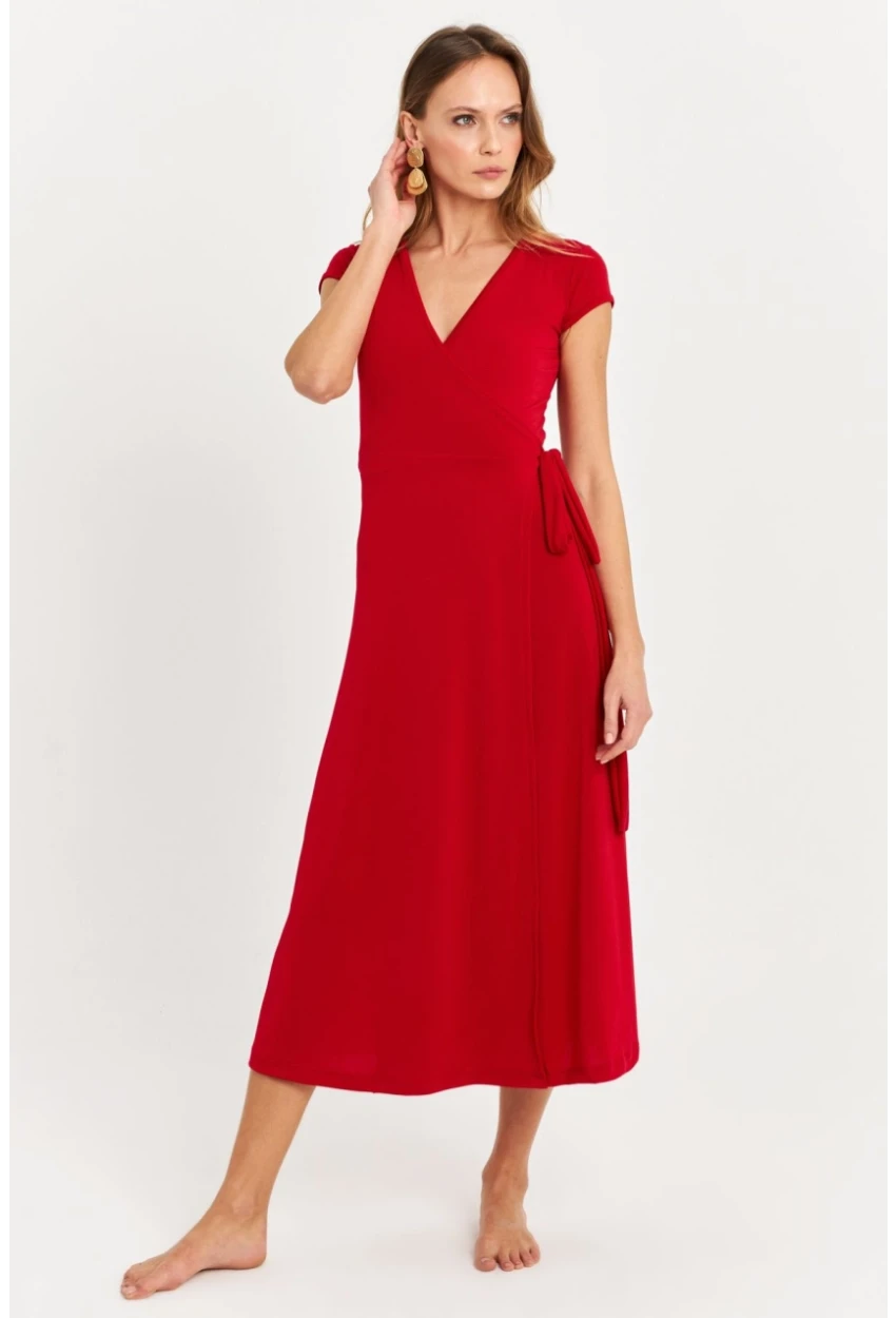 Kadın Kırmızı Kruvaze Midi Elbise EY2785
