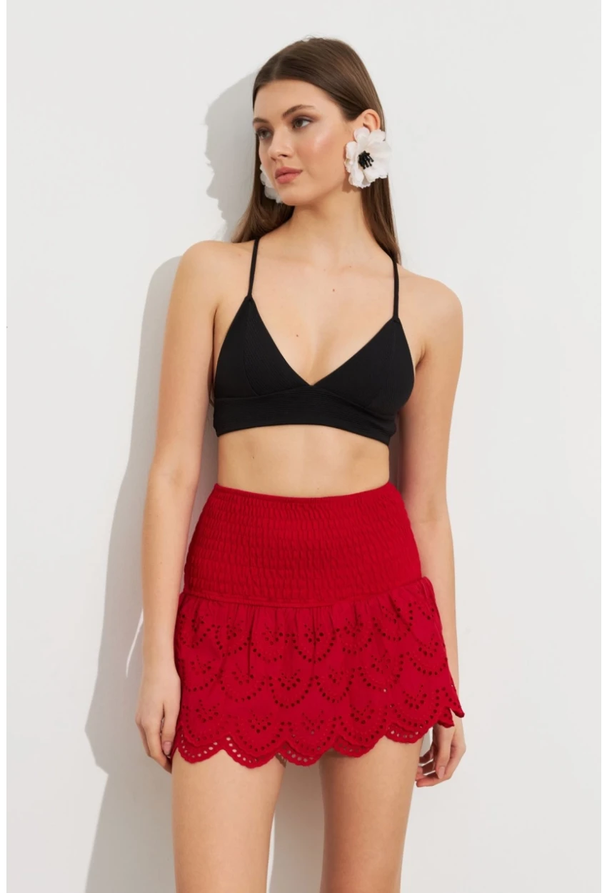 Kadın Kırmızı Nakışlı Mini Etek ZH111