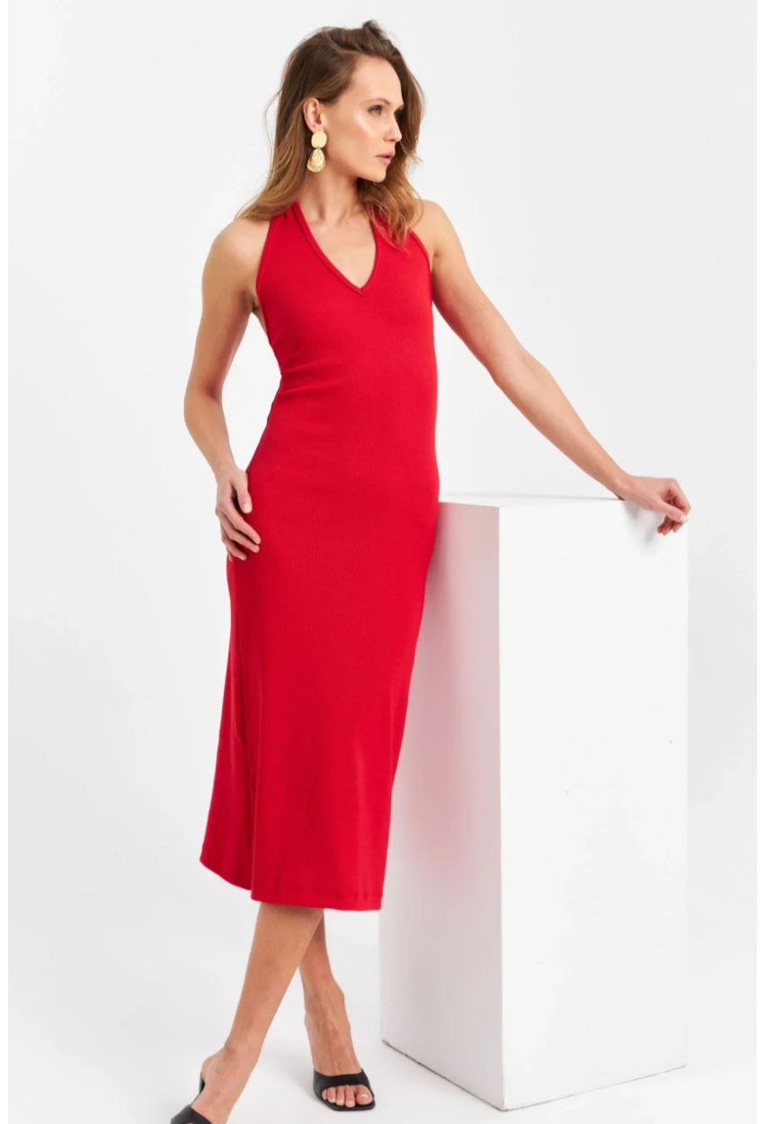 Kadın Kırmızı Pencereli Kaşkorse Midi Elbise EY3063