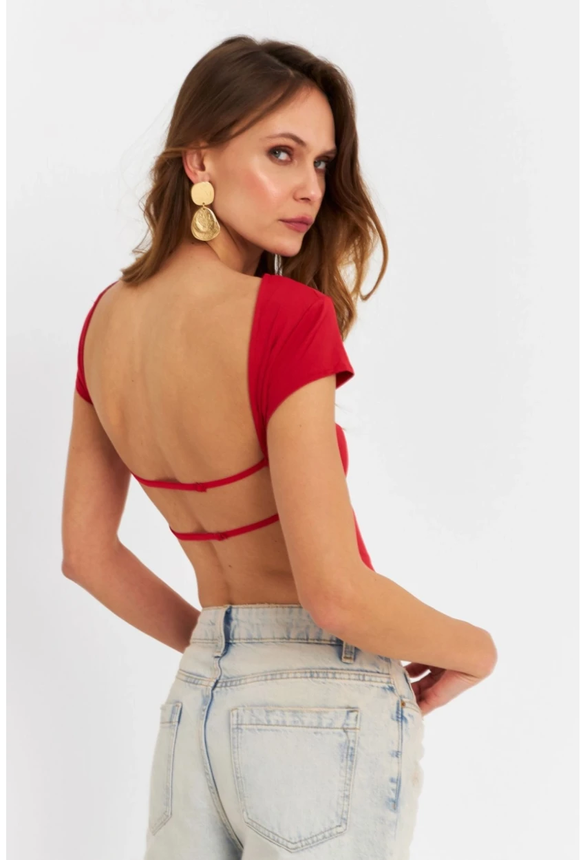Kadın Kırmızı Sırtı Açık Crop Bluz ZH007