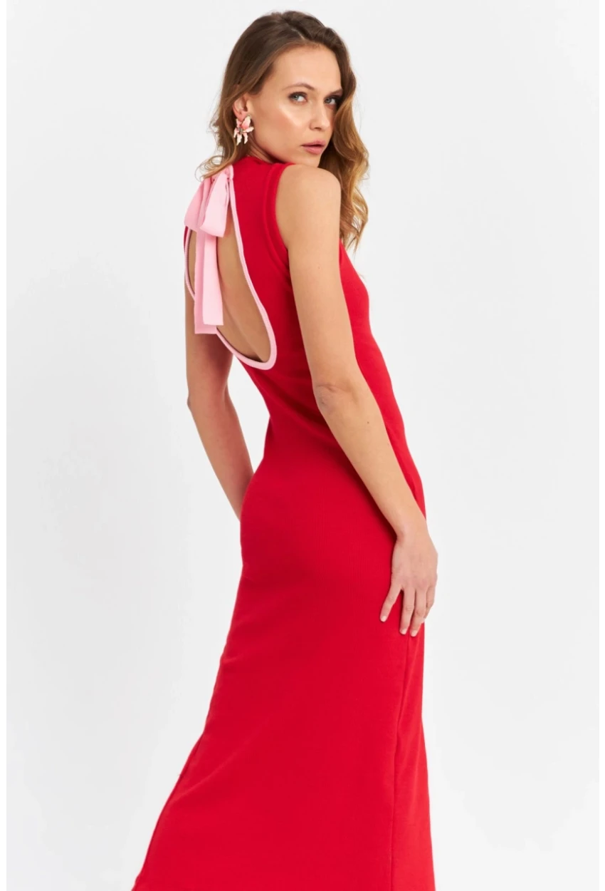 Kadın Kırmızı Sırtı Açık Kaşkorse Midi Elbise EY3064