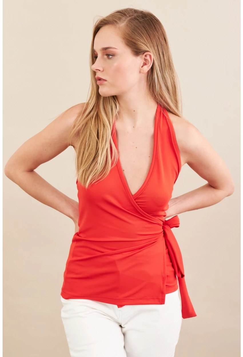Kadın Kırmızı Sırtı Açık Kruvaze Bluz Ey3095
