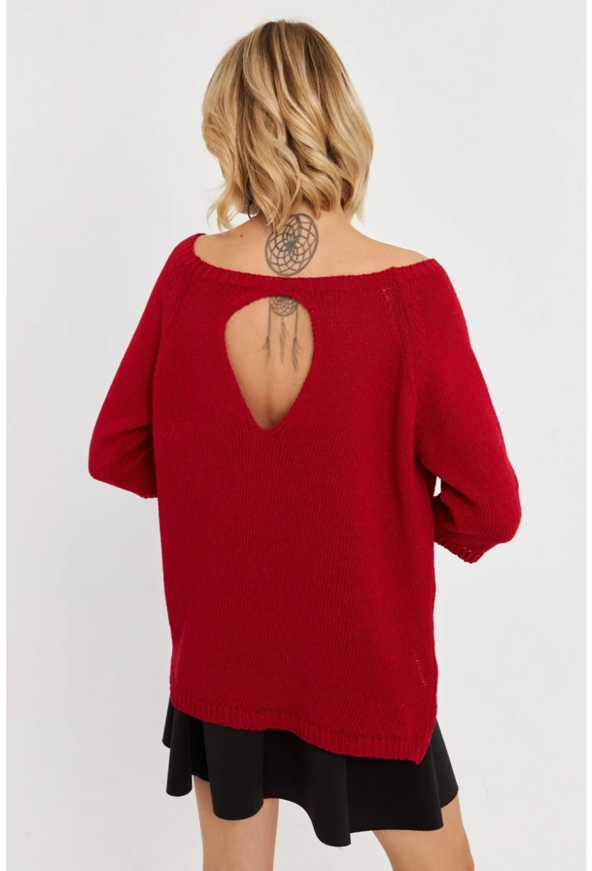 Kadın Kırmızı Sırtı Damla Triko Bluz YV267