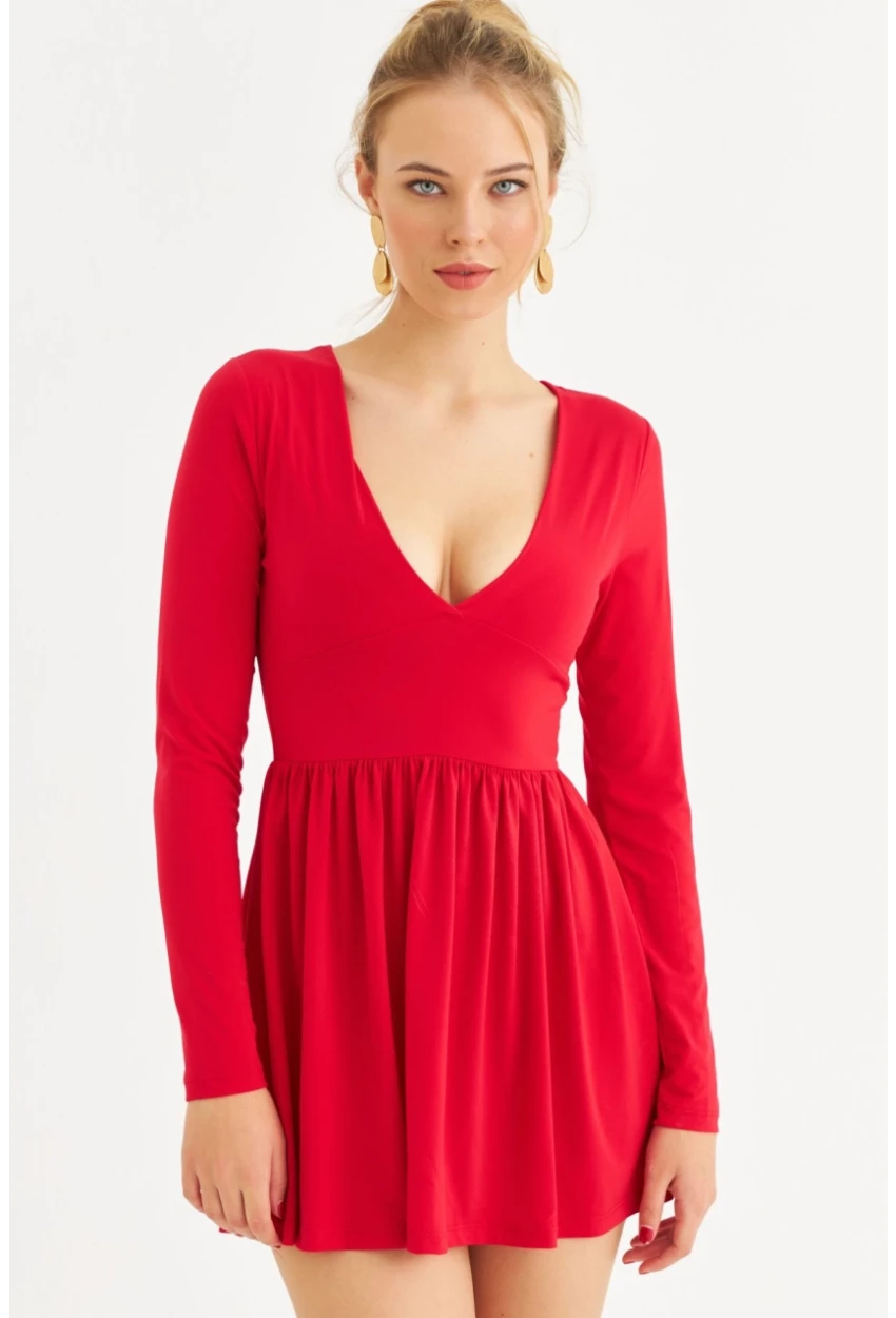 Kadın Kırmızı V Yaka Mini Elbise LİK17
