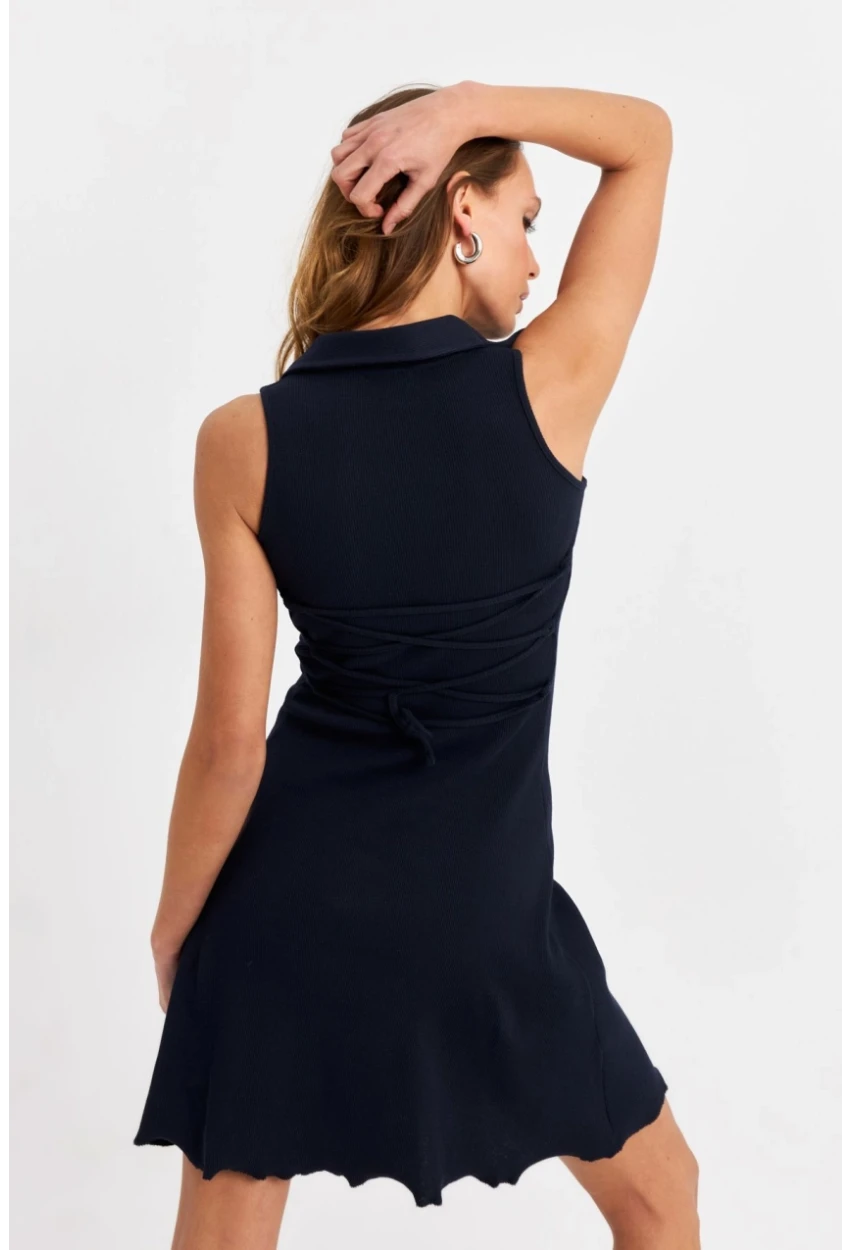 Kadın Lacivert Bağlama  Detaylı Kaşkorse Mini Elbise FRY2271