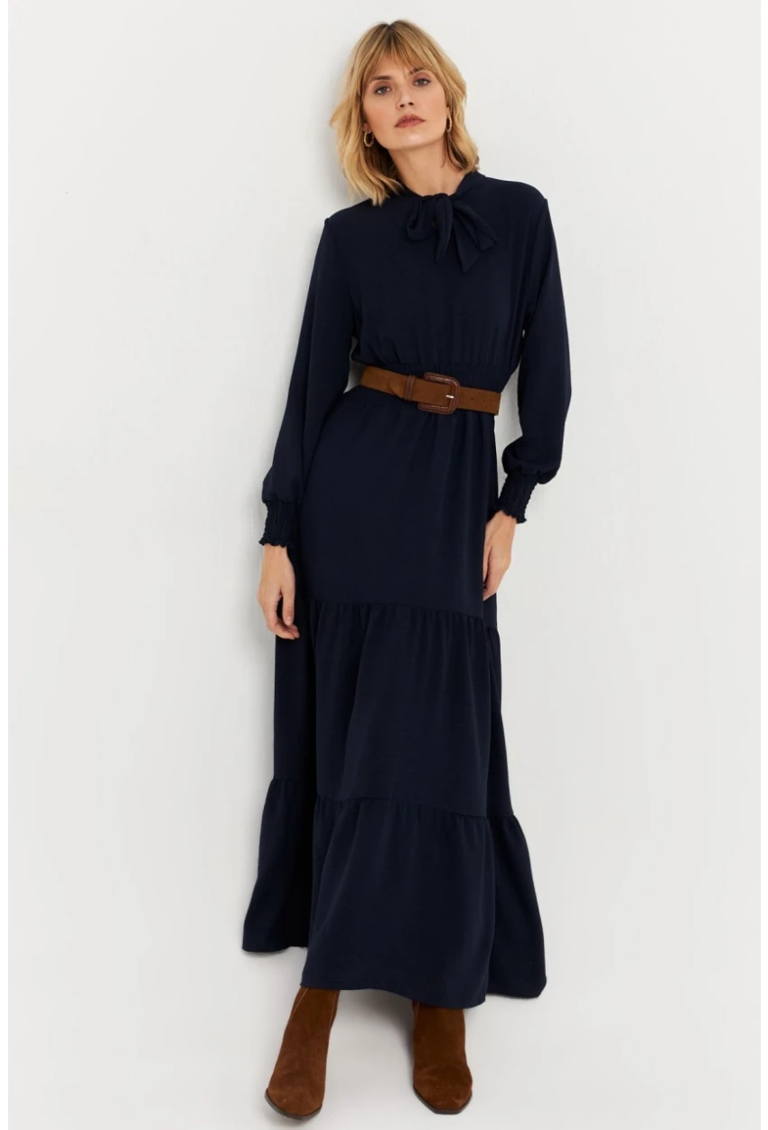 Kadın Lacivert Boyun Bağlamalı Maxi Elbise MASF217