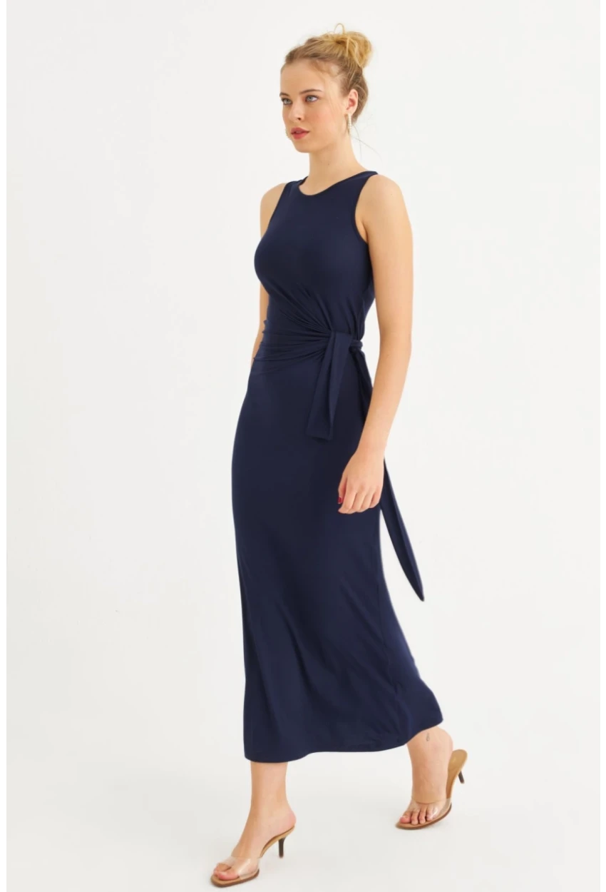 Kadın Lacivert Büzgülü Kolsuz Midi Elbise TF75