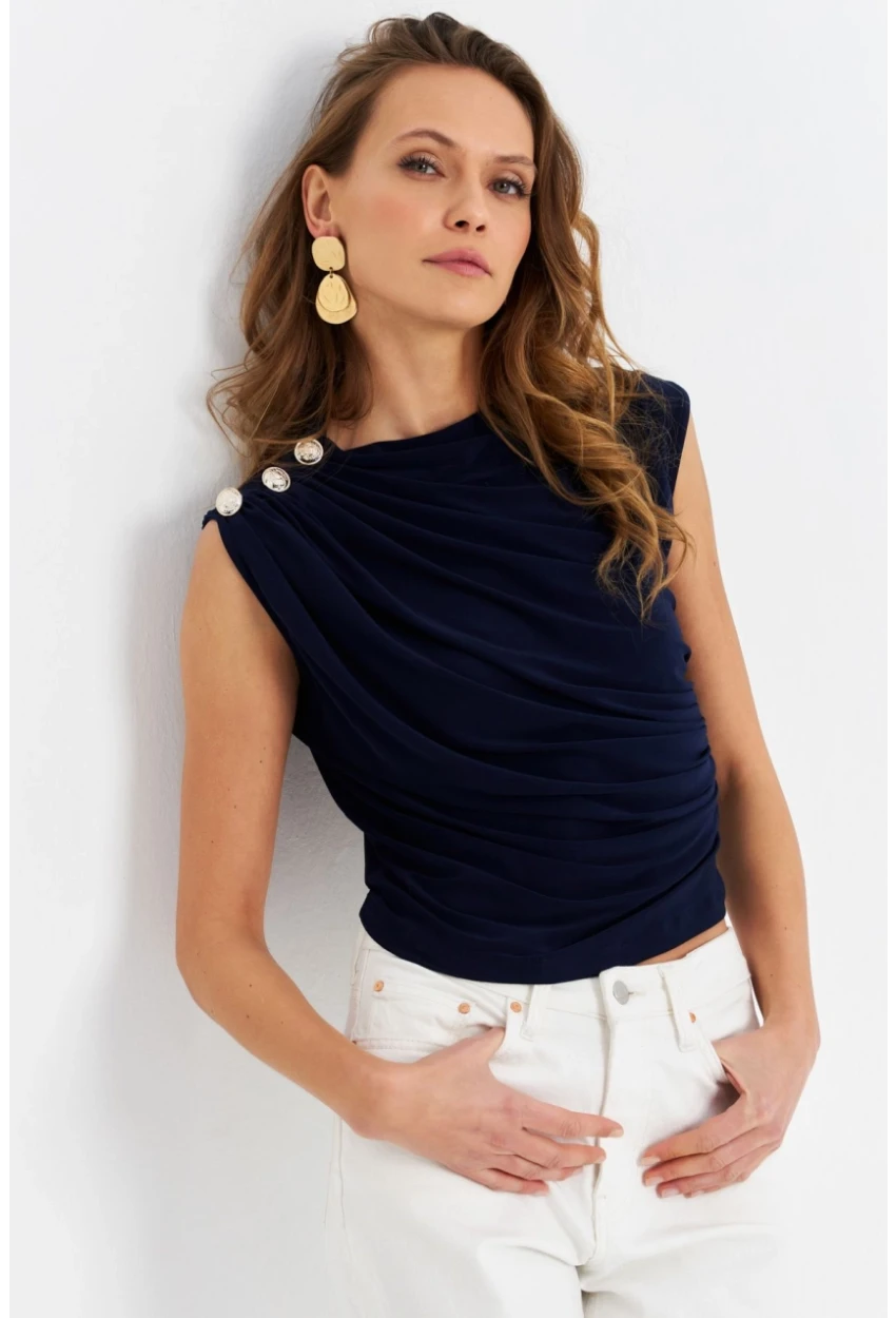 Kadın Lacivert Düğme Detaylı Büzgülü Bluz LPP1205-1
