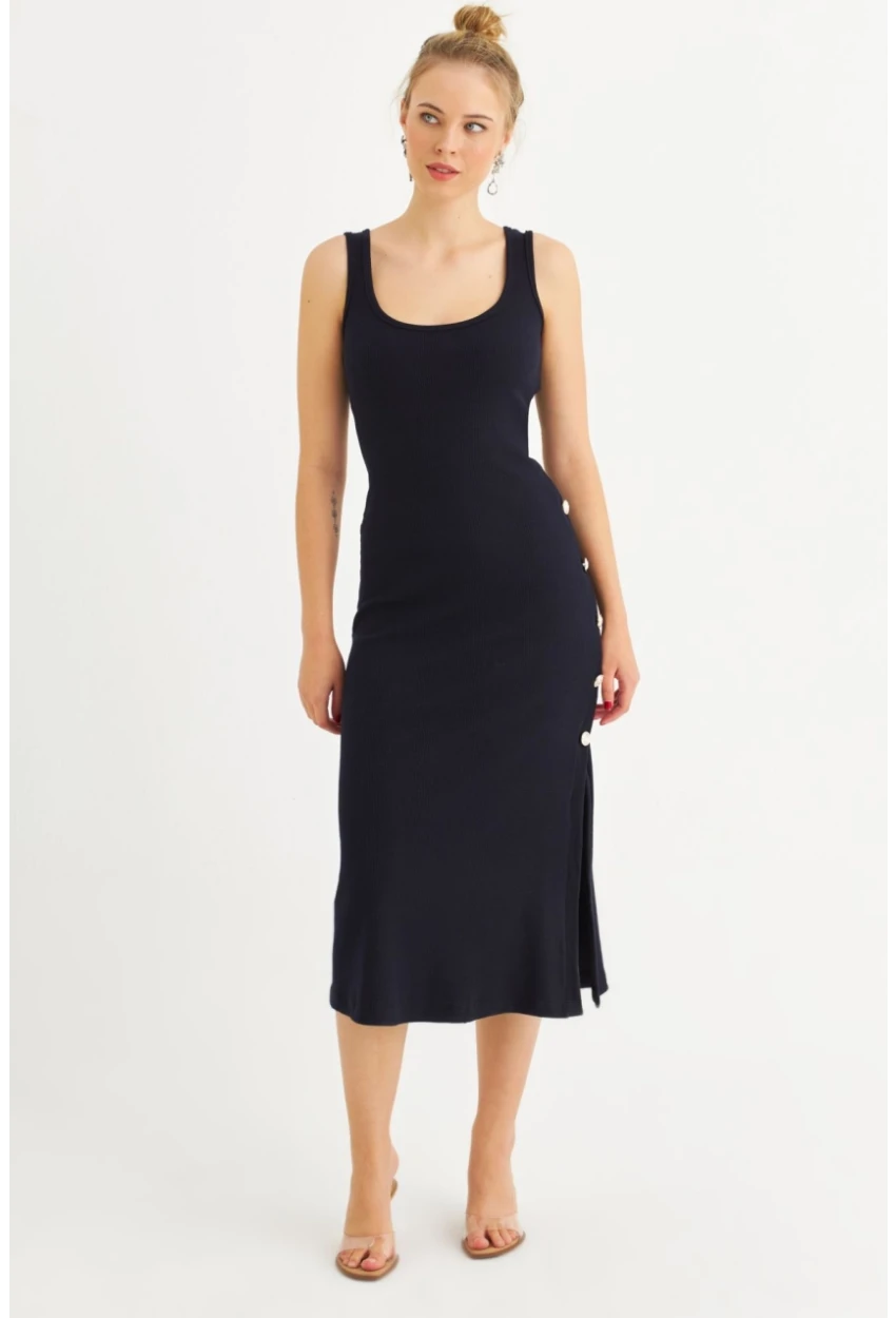 Kadın Lacivert Düğme Detaylı Kaşkorse Midi Elbise EY2837