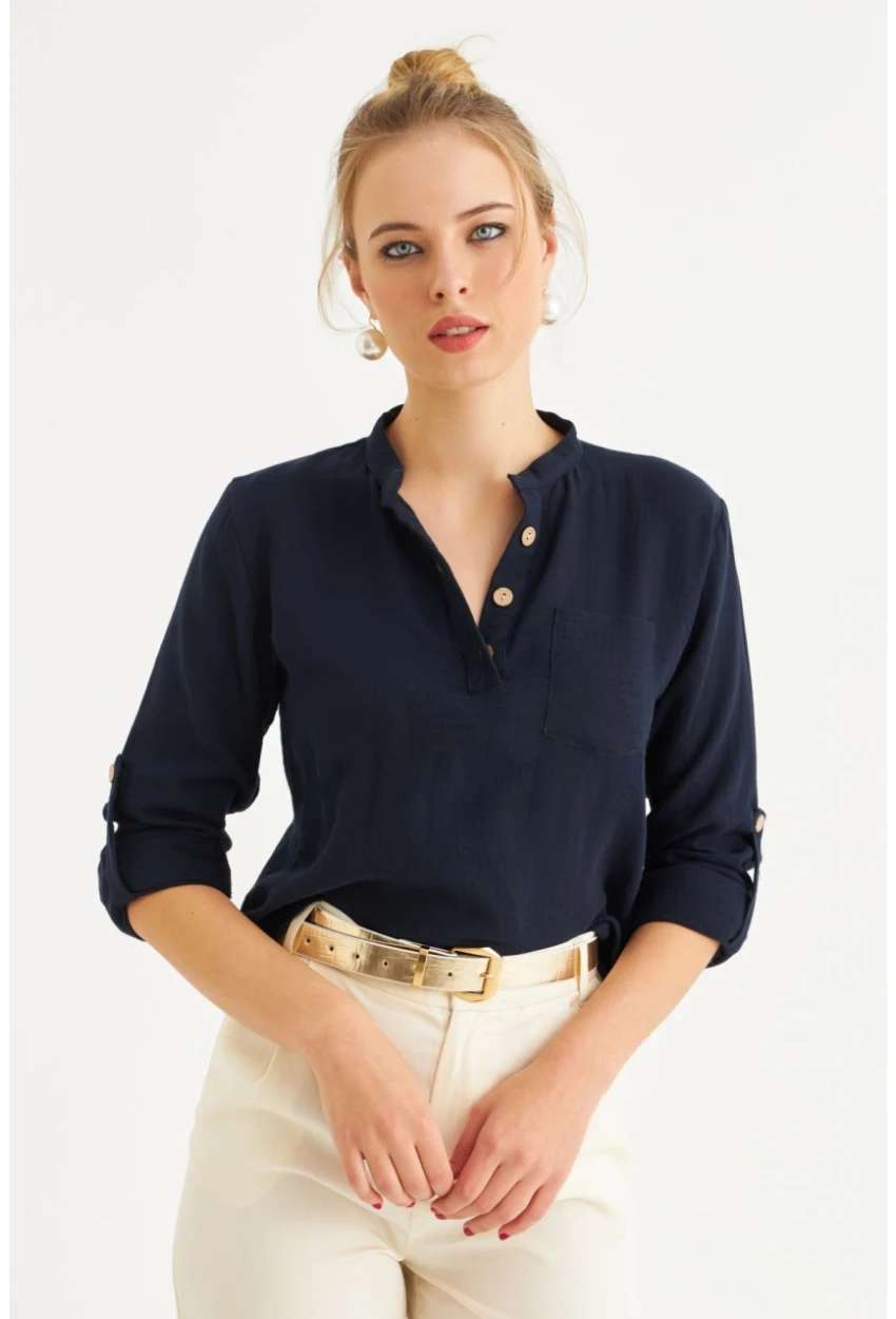 Kadın Lacivert Düğmeli Keten Gömlek Bluz BTH17