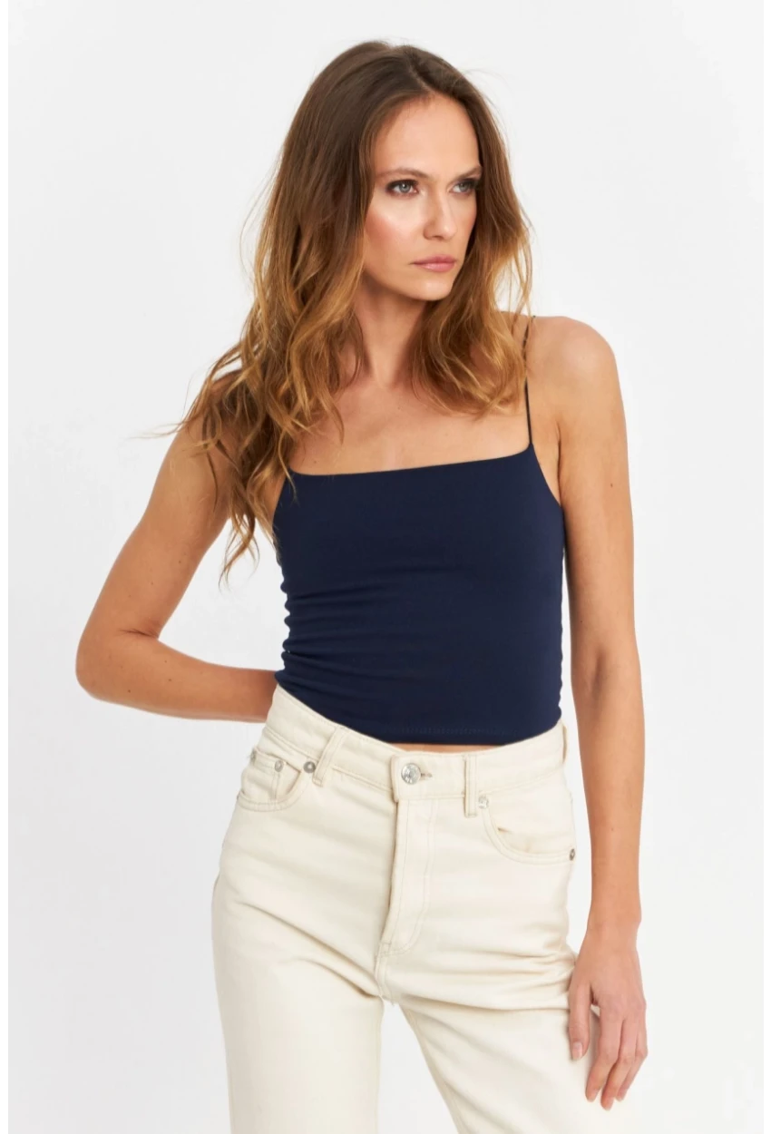 Kadın Lacivert İp Askılı Crop Bluz EV63