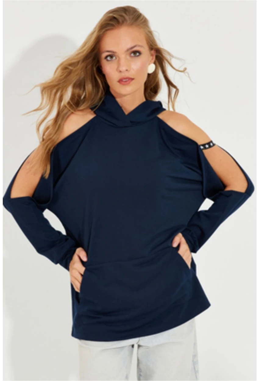 Kadın Lacivert Kolları Açık Kapüşonlu Sweatshirt Yİ2356