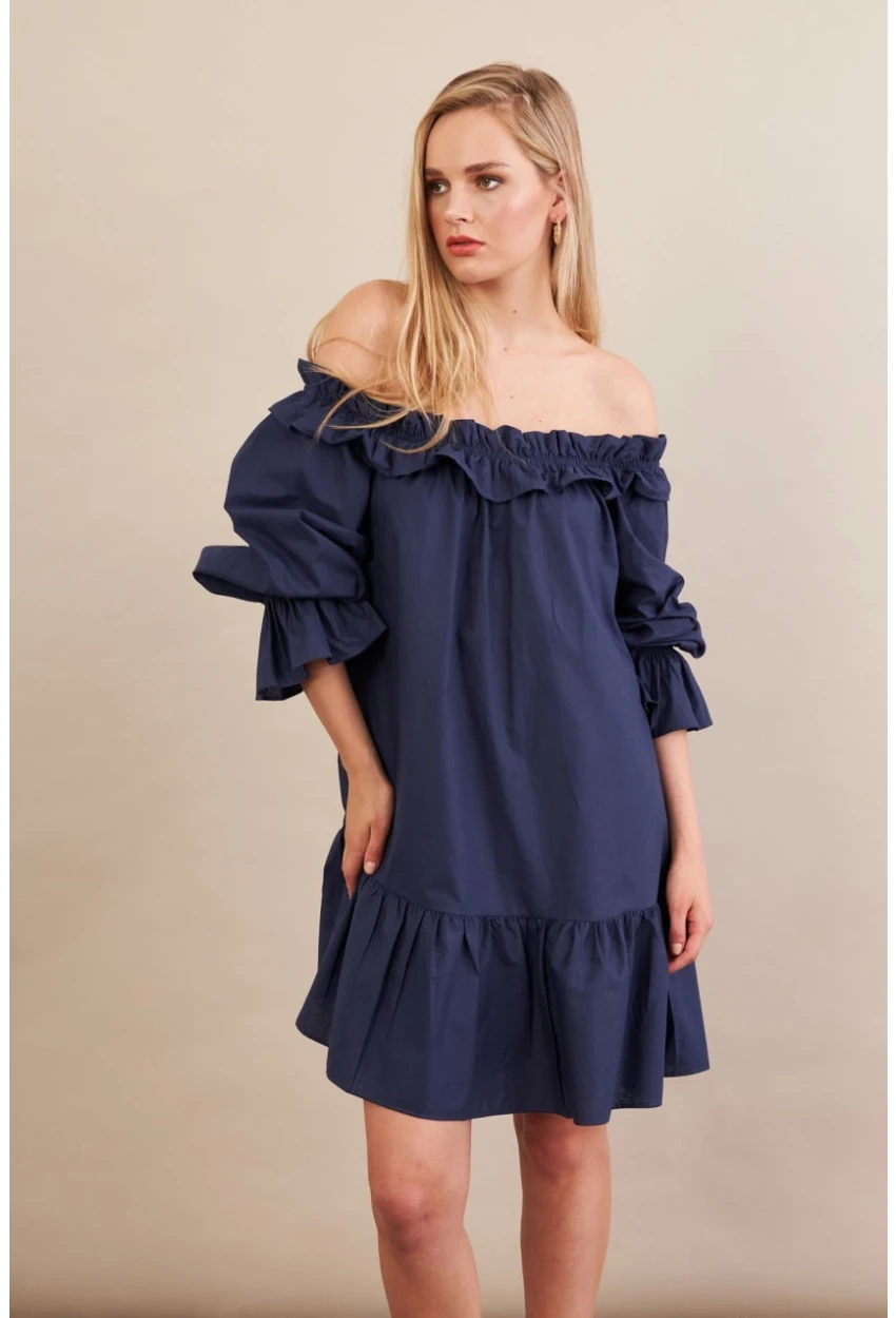 Kadın Lacivert Madonna Yaka Midi Elbise PSG1012