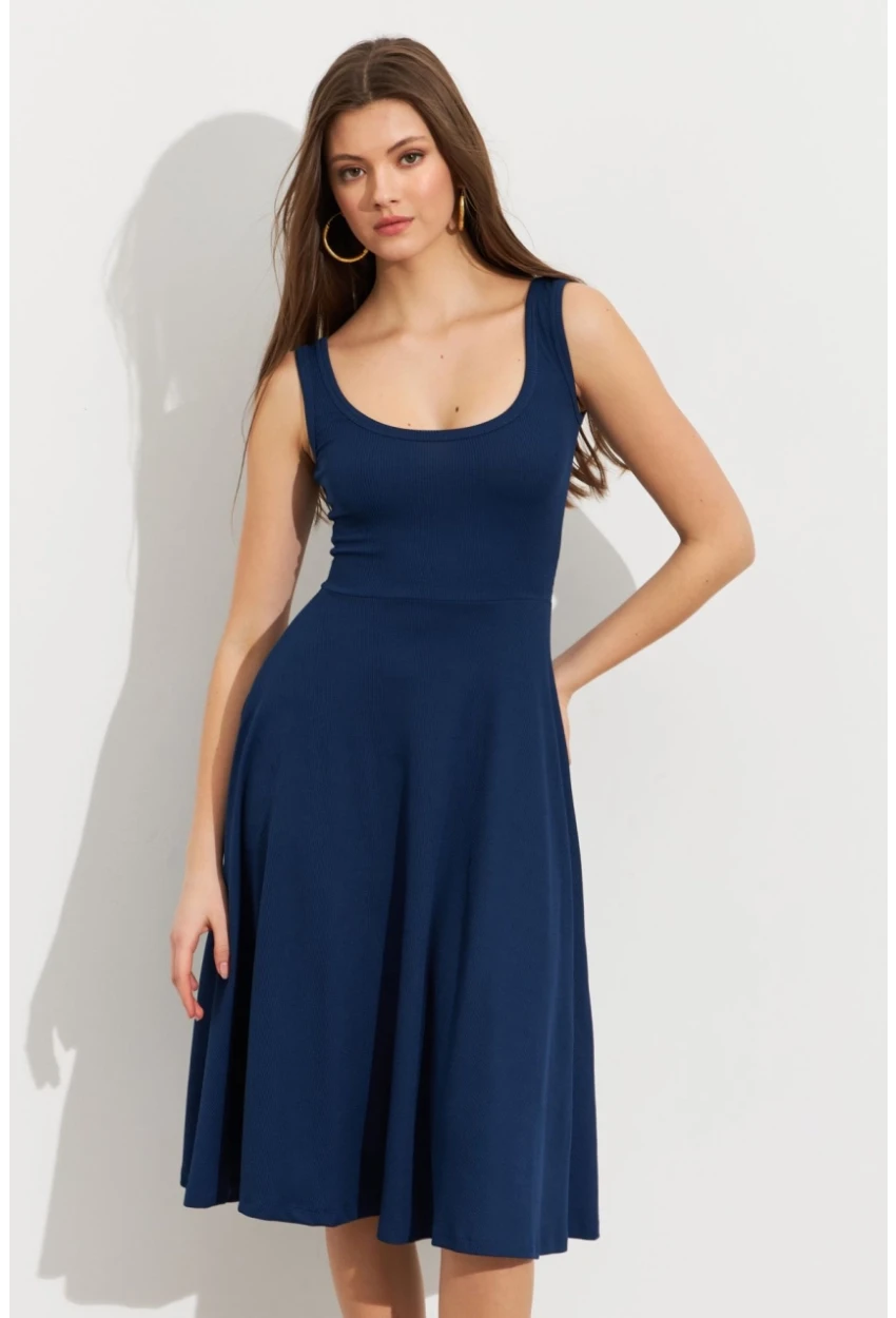 Kadın Lacivert Ön Arka U Çan Etekli Midi Elbise DMR470