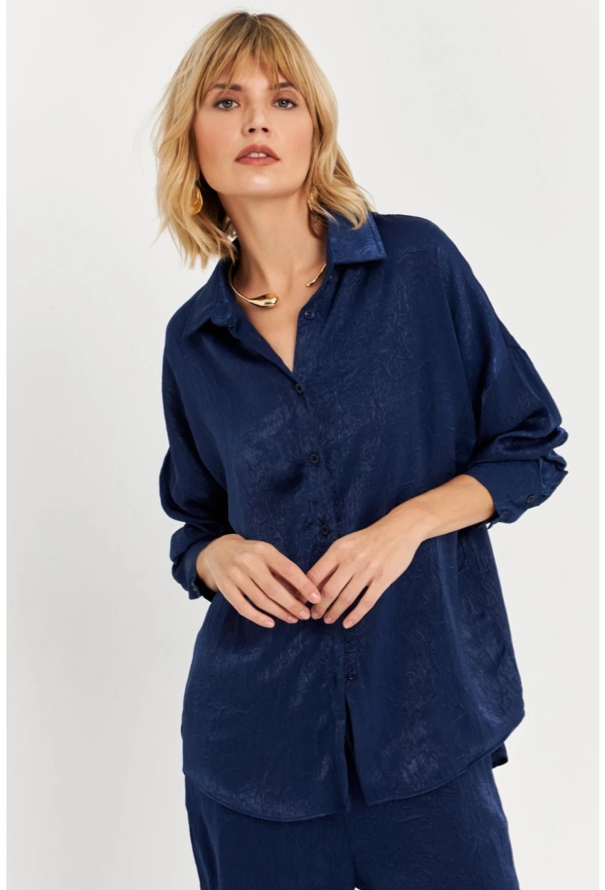 Kadın Lacivert Saten Gömlek MCAR1127
