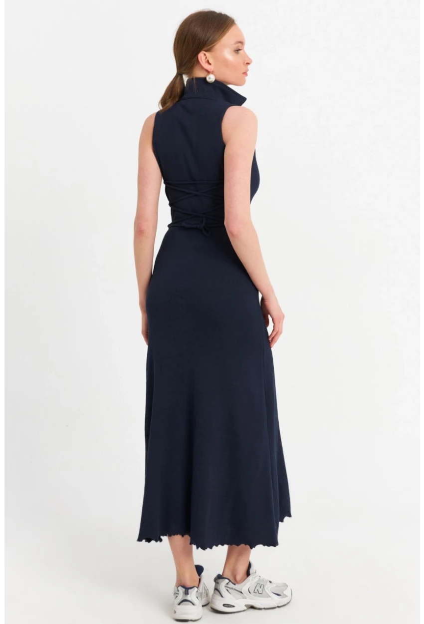 Kadın Lacivert Sırt Bağlamalı Midi Elbise MFRY2271-90