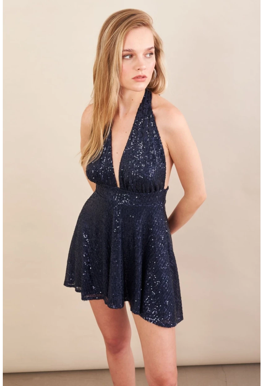 Kadın Lacivert Sırtı Açık Payetli Astarlı Mini Elbise DCF046